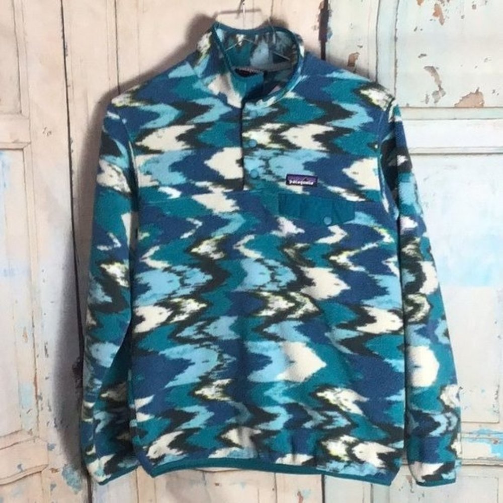 Patagonia Womans S Synchilla Snap T Fleece Pullover Blue Green Wave Print